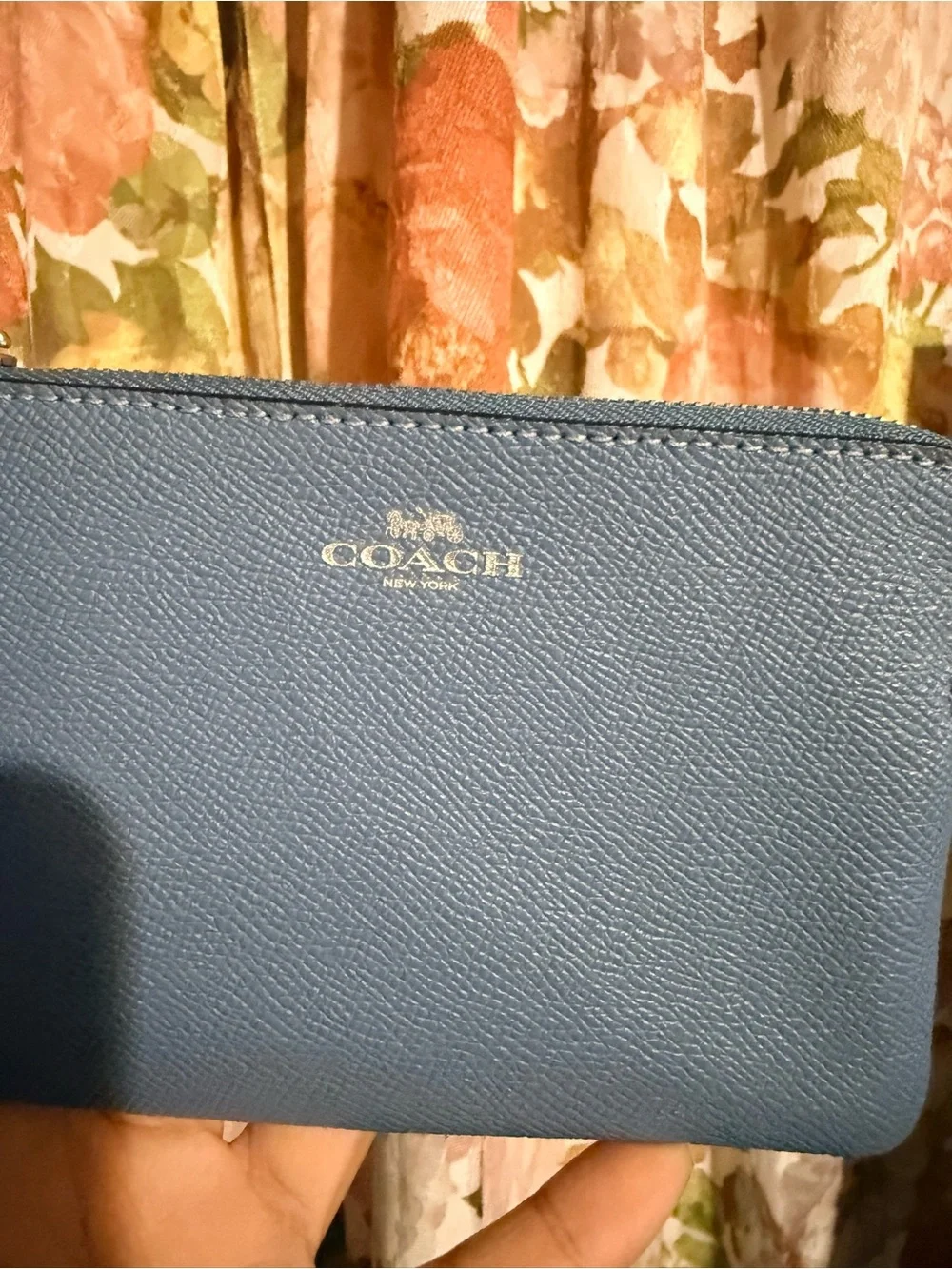 Coach Blue Leather Wristlet with Gold Logo